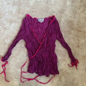 Sula Y2K style wrinkled pink silk wrap top